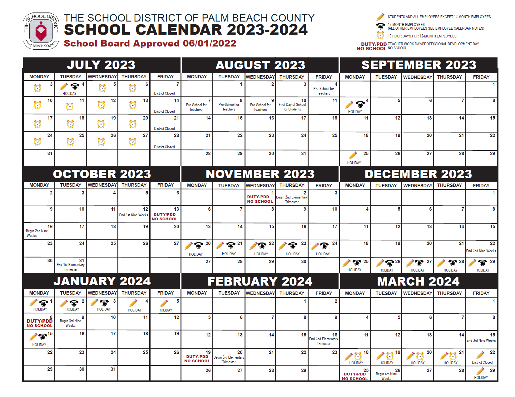Approved Palm Beach County School Calendar 2023-2024 Page1