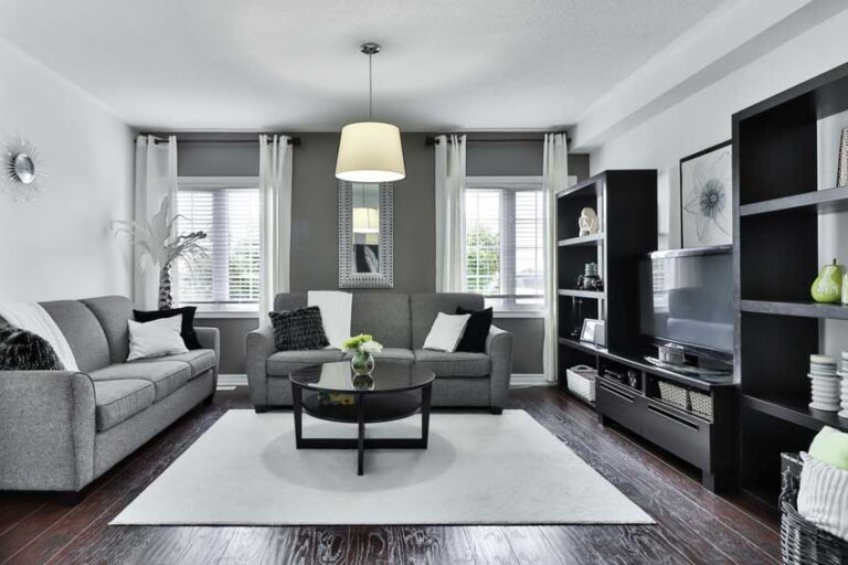 a modern living room with gray tones