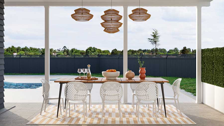 a modern outdoor living area on a deck with a pool and black fence