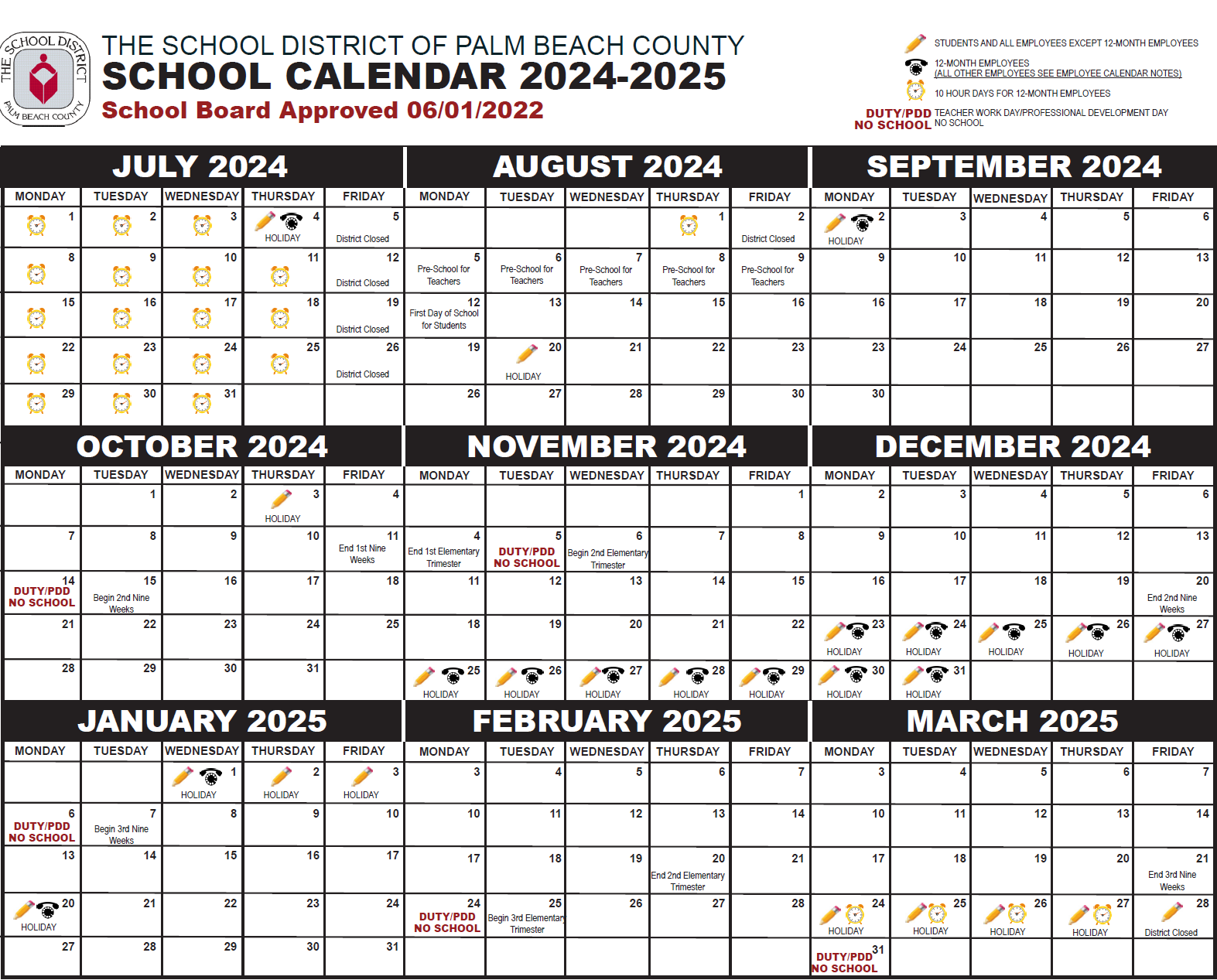 Palm Beach County School Calendar 2024-2025 July through March