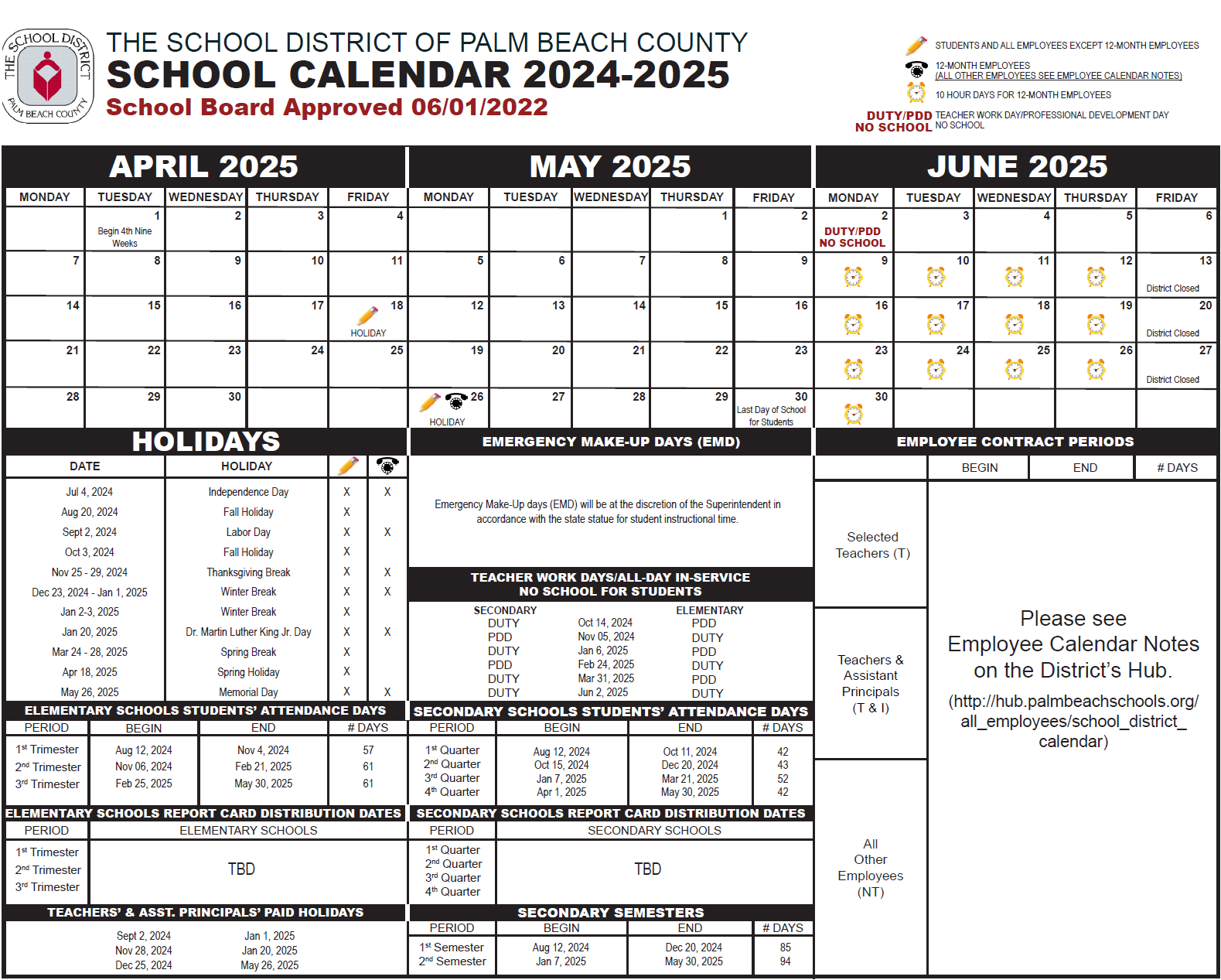 Palm Beach School Calendar 2024-2025 April thru June